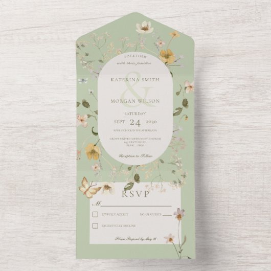 Rustieke Wildflower Ovaal Lijst Sage Groen Geen Di All In One Uitnodiging (Binnen)