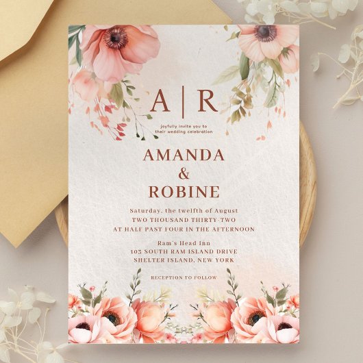 Rustieke Wildflower Peach bruiloft uitnodiging