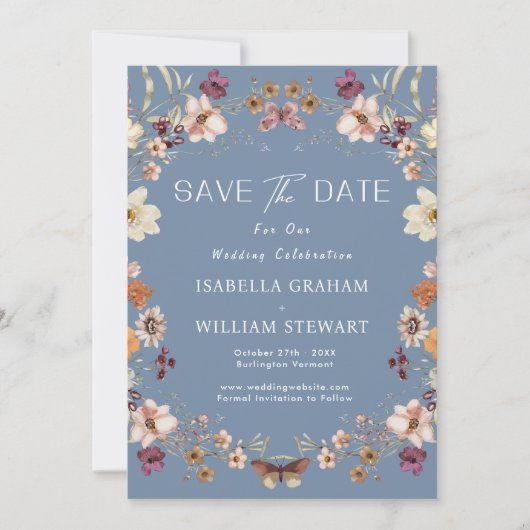 Rustieke Wildflower Periwinkle Boho Save The Date Kaart (Voorkant)