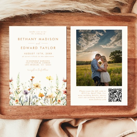 Rustieke Wildflower QR Code Foto Huwelijk Kaart