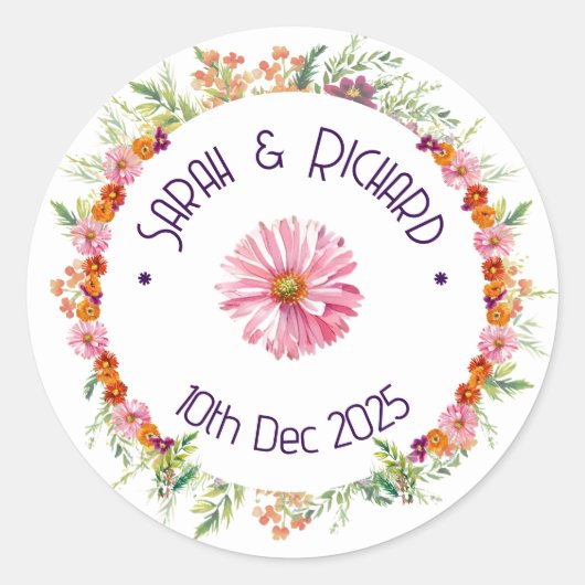 Rustieke Wildflower Spring Wedding, Romantische tu Ronde Sticker (Voorkant)