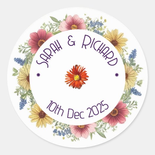 Rustieke Wildflower Spring Wedding, Romantische tu Ronde Sticker (Voorkant)