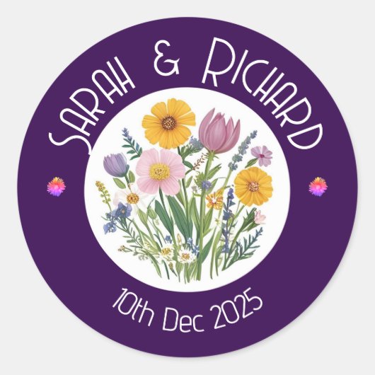 Rustieke Wildflower Spring Wedding, Romantische tu Ronde Sticker (Voorkant)