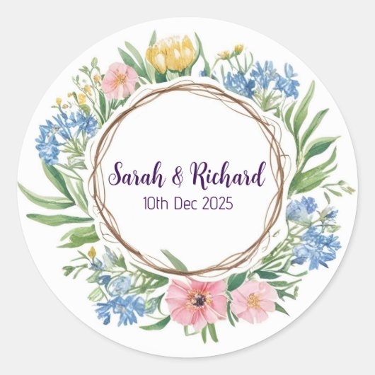 Rustieke Wildflower Spring Wedding, Romantische tu Ronde Sticker (Voorkant)