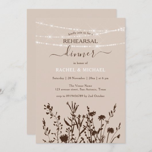 Rustieke Wildflower String Lights repetitie diner Kaart (Voorkant / Achterkant)