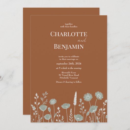 Rustieke Wildflower Verbrande Sinaasappel bruiloft Kaart (Voorkant / Achterkant)