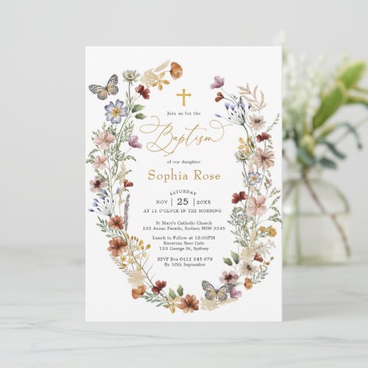 Rustieke Wildflower Vlinder Tuin Doop Kaart (Staand voorkant)