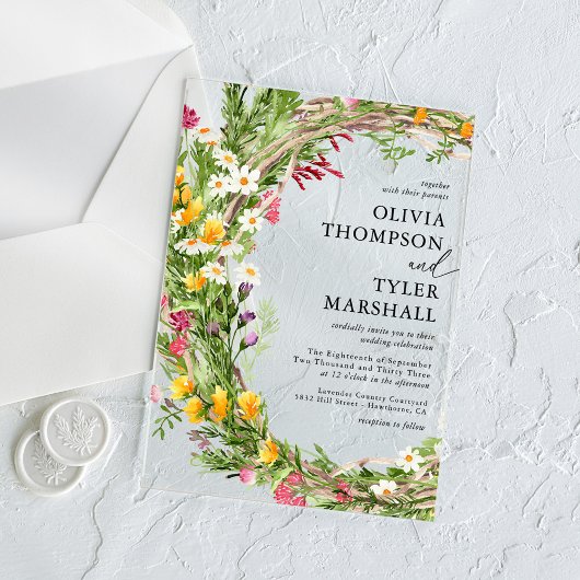 Rustieke Wildflowers Boheemse bruiloft Acryl Uitnodigingen