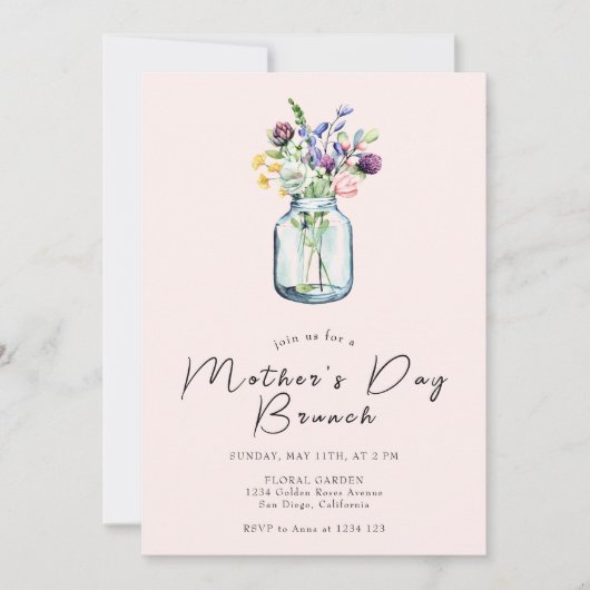 Rustieke Wildflowers Mason Jar Moederdag Brunch Kaart (Voorkant)