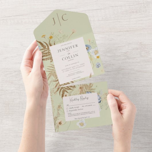 Rustieke Wildflowers Monogram Lichtgroen Geen Dine All In One Uitnodiging (Afscheurbaar)