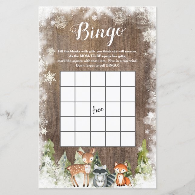 Rustieke Winter Animal Woodland Baby shower Bingo (Voorkant)