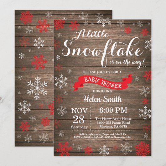 Rustieke Winter Baby shower Rood Wit Sneeuwvlok Kaart (Voorkant / Achterkant)