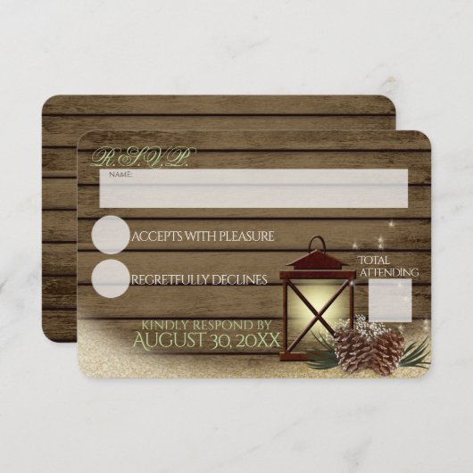 Rustieke Winter Barn Hout en Lantaarn Reactie RSVP Kaartje (Voorkant / Achterkant)