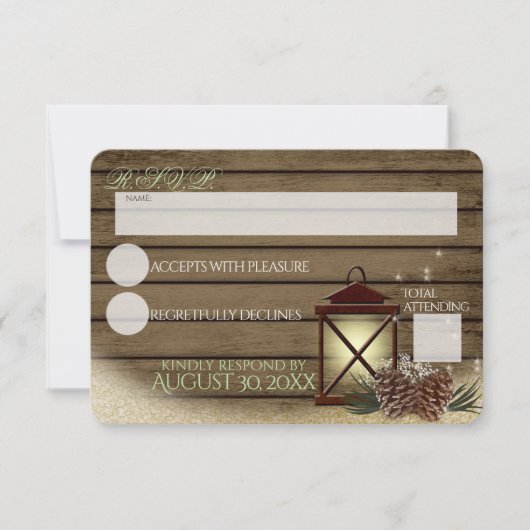 Rustieke Winter Barn Hout en Lantaarn Reactie RSVP Kaartje (Voorkant)