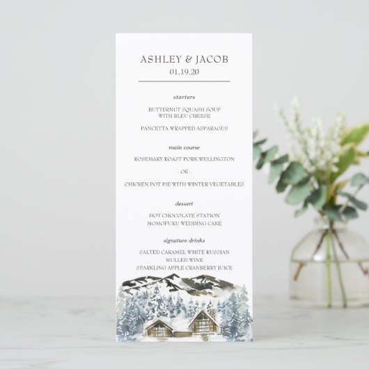 Rustieke Winter Berg Bruiloft Menu (Staand voorkant)