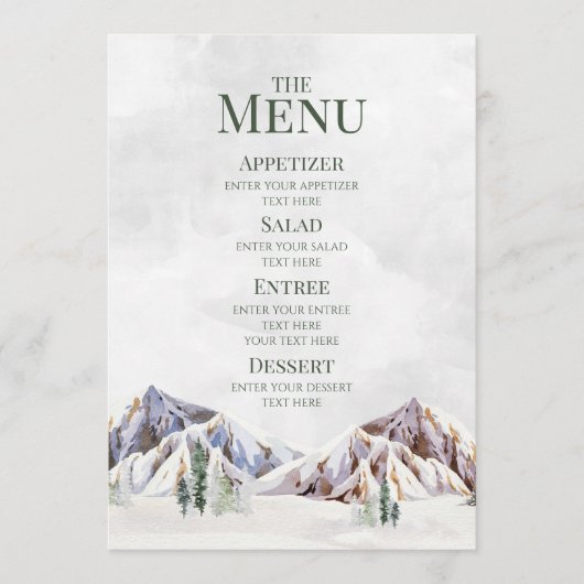 Rustieke Winter Bergbos Bruiloftsmenu Menu (Voorkant)