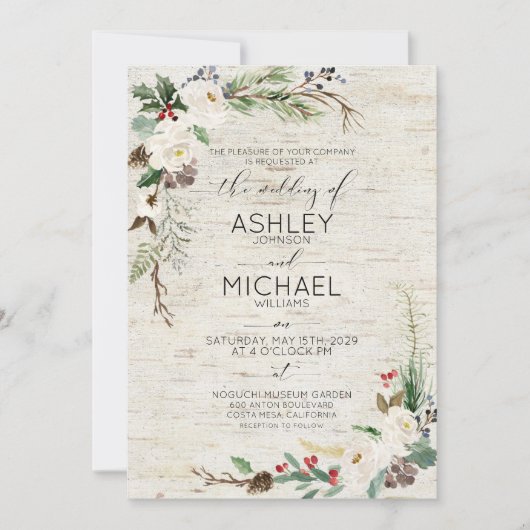 Rustieke Winter Berk Kalligrafie Botanische bruilo Kaart (Voorkant)