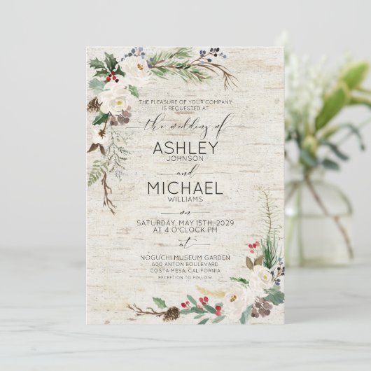 Rustieke Winter Berk Kalligrafie Botanische bruilo Kaart (Staand voorkant)