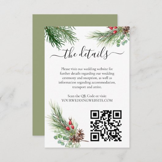 Rustieke Winter Berry Pine Greenery bruiloft Informatiekaartje (Voorkant / Achterkant)