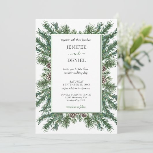 Rustieke Winter Berry Pine Greenery bruiloft Kaart (Staand voorkant)