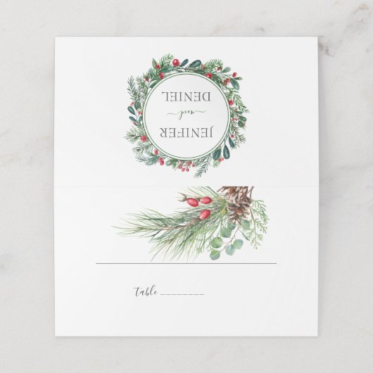 Rustieke Winter Berry Pine Greenery bruiloft Plaatskaartje (Buitenkant ongevouwen)