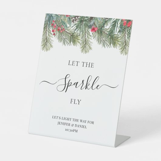 Rustieke Winter Berry Pine Greenery bruiloft Reclamebord Met Voetstuk (Voorkant)