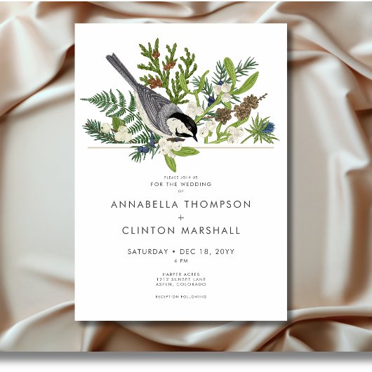 Rustieke Winter Bird & Pine Bouquet Wedding Kaart