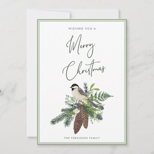 Rustieke Winter Bird & Pine Spray Kerstmis Feestdagenkaart (Voorkant)