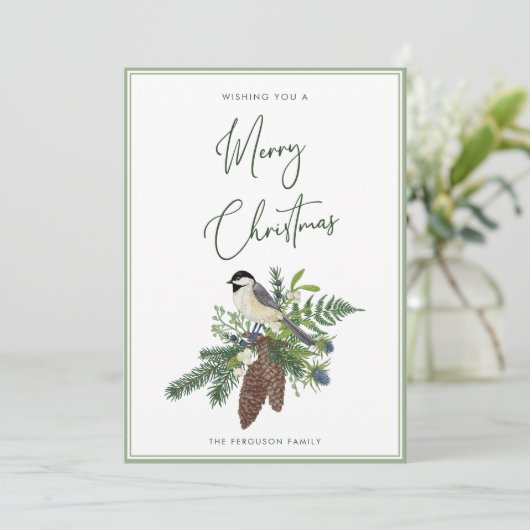 Rustieke Winter Bird & Pine Spray Kerstmis Feestdagenkaart (Staand voorkant)