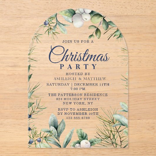 Rustieke Winter Bloemen Kerstfeest Acryl Uitnodigingen (Voorkant)