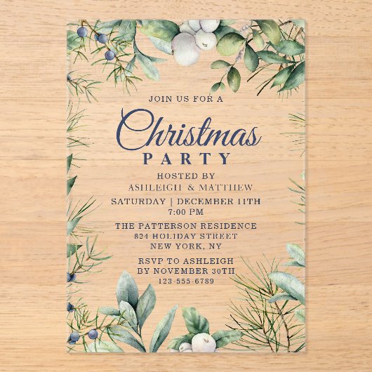 Rustieke Winter Bloemen Kerstfeest Acryl Uitnodigingen (Voorkant)