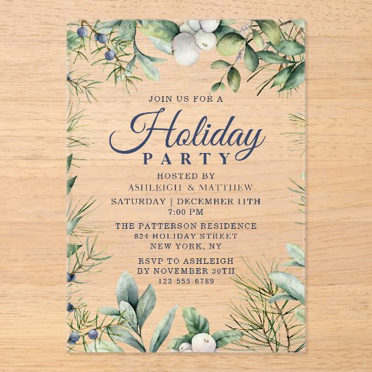 Rustieke Winter Bloemen Kerstvakantie Acryl Uitnodigingen (Voorkant)