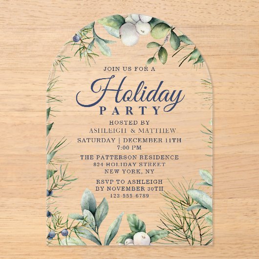 Rustieke Winter Bloemen Kerstvakantie Acryl Uitnodigingen (Voorkant)