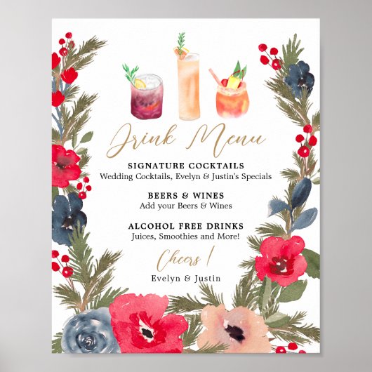 Rustieke Winter Bloemen Waterverf Bruiloft Drink M Poster (Voorkant)