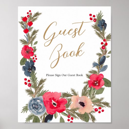 Rustieke Winter Bloemen Waterverf Bruiloft gastenb Poster (Voorkant)