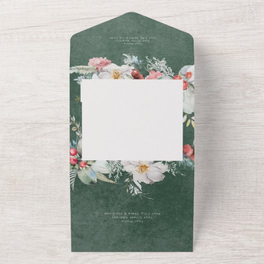 Rustieke winter bloemendennen smaragd QR code All In One Uitnodiging (Buitenkant)