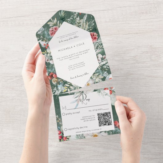 Rustieke winter bloemendennen smaragd QR code All In One Uitnodiging (Afscheurbaar)