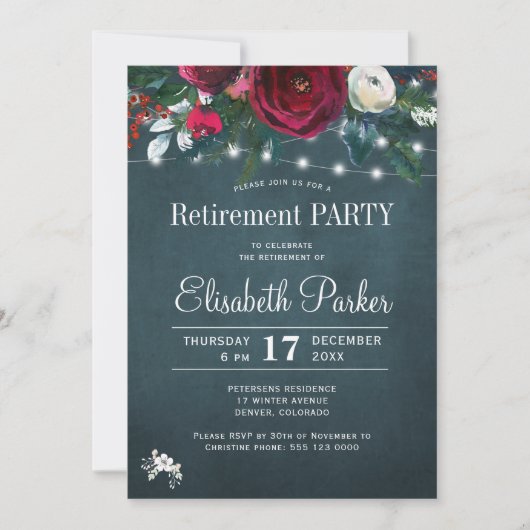 Rustieke winter bloemenrood marine pensioen party kaart (Voorkant)
