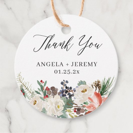 Rustieke Winter Bloemige Hulst Bessen Bedankt Bedankjes Labels (Voorkant)