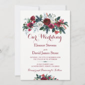 Rustieke winter bordeauxrode dennengroene bloemenb kaart (Voorkant)