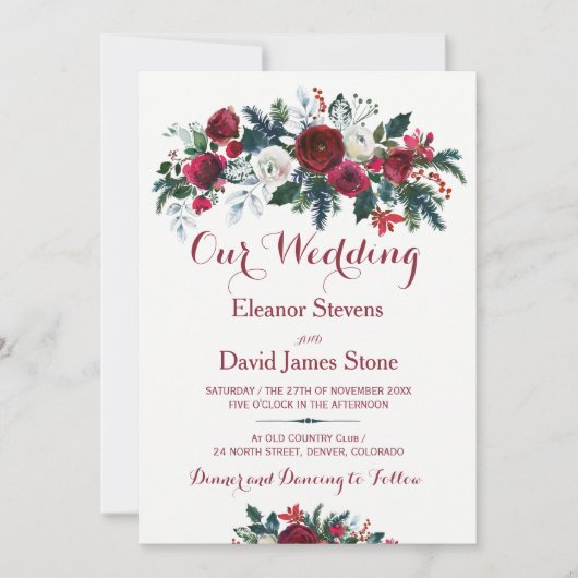 Rustieke winter bordeauxrode dennengroene bloemenb kaart (Voorkant)