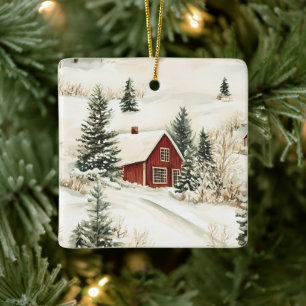Rustieke Winter Boshuis Kerstmis Keramisch Ornament