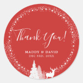 Rustieke Winter Boslandschap Herten Rood Dank U Ronde Sticker (Voorkant)
