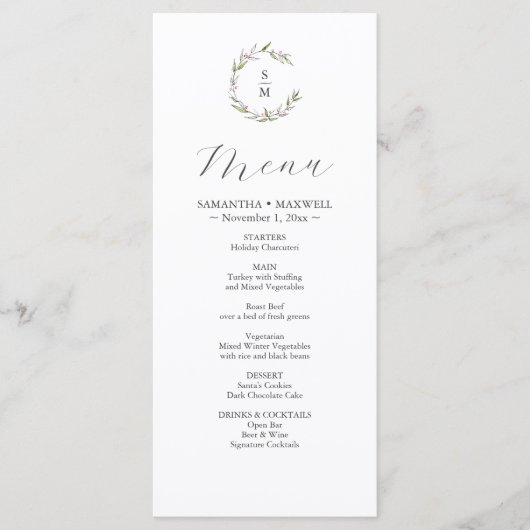 Rustieke Winter Botanicals Bruiloft Decor Menu's (Voorkant)