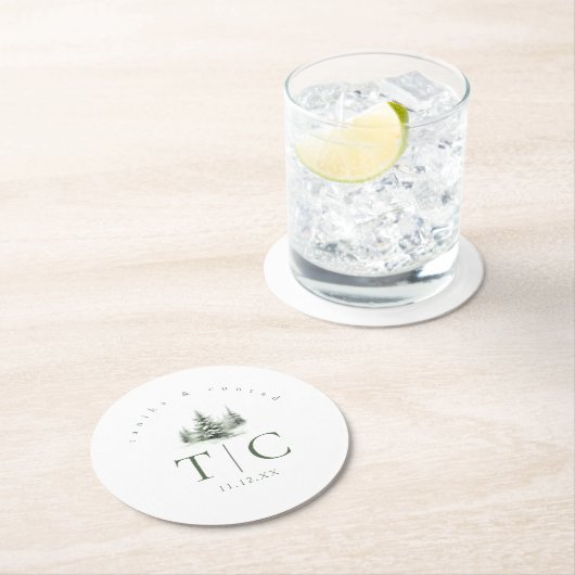 Rustieke Winter Bruiloft Bos Groene ID1049 Ronde Kartonnen Onderzetter (Insitu)