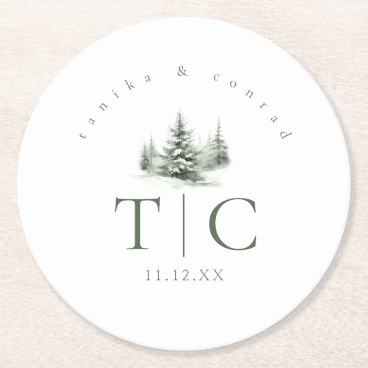 Rustieke Winter Bruiloft Bos Groene ID1049 Ronde Kartonnen Onderzetter (Voorkant)