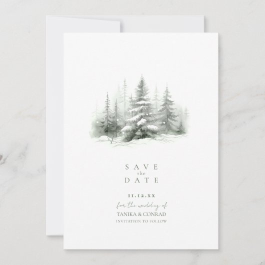 Rustieke Winter Bruiloft Bos Groene ID1049 Save The Date (Voorkant)