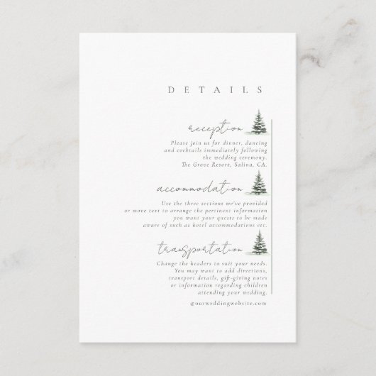 Rustieke Winter Bruiloft Details Bos Groen ID1049 Informatiekaartje (Voorkant)
