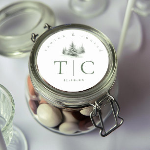 Rustieke Winter Bruiloft Initialen Bos Groen ID104 Ronde Sticker