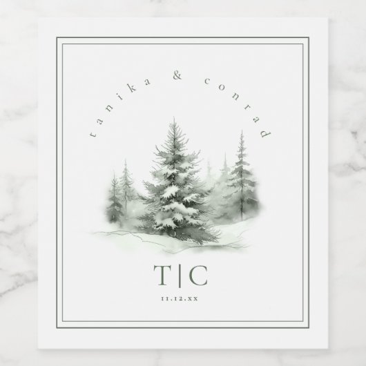 Rustieke Winter Bruiloft Initialen Bos Groen ID104 Wijn Etiket (Enkel label)